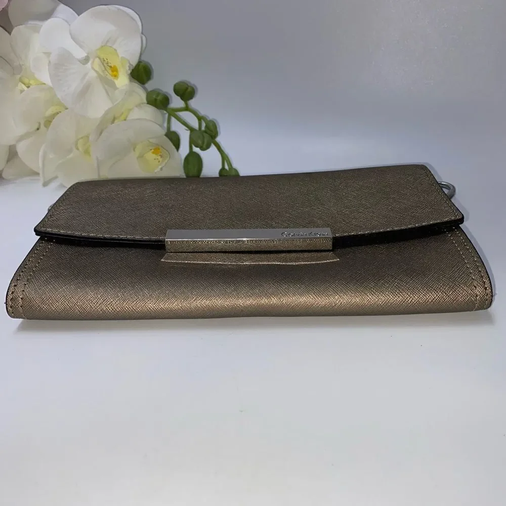 Calvin Klein Saffiano Leather Shoulder Purse Gold Small